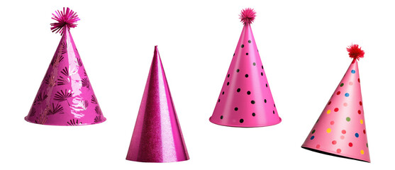 Obraz premium Set of pink party hats with glitter and polka dots, isolated on transparent background