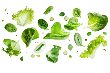 Assorted salad greens with curly lettuce, romaine, and baby spinach, floating on a white background, isolated with clipping path, ultra-clear textures, and perfect lighting