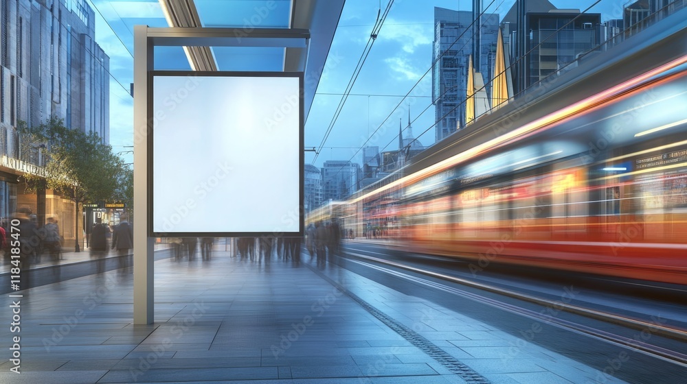 Poster dynamic urban scene showcasing bus stop with an empty advertisem