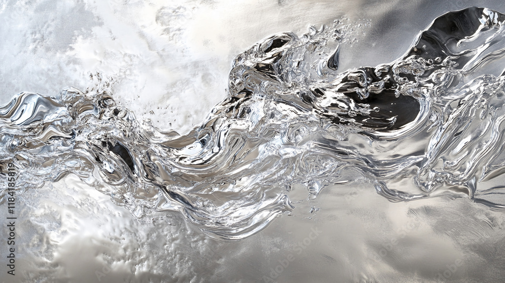 Poster abstract fluid silver sculpture with dynamic reflective waves