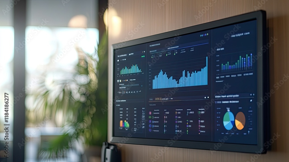 Poster a business dashboard with ai analytics and data visualization, set against a sleek backdrop with tex