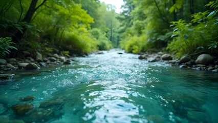 Fototapeta premium Crystal Clear Teal Stream Flowing Through Lush Forest, Nature Preservation and Clean Water