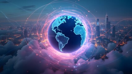 Iridescent Global Network, Glowing Orb Over Neon Cityscapes and Data Streams