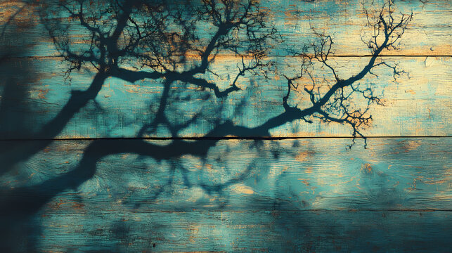 Vibrant blueprints of tree branches and leaves are revealed on rustic wooden boards through the mesmerizing process of heliography, a photographic exploration of nature. Sunshadow. Illustration