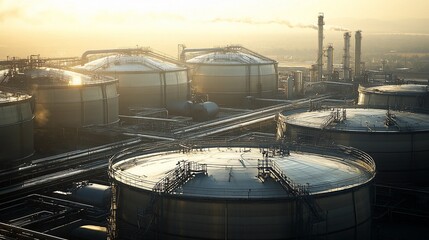 Sunrise over industrial refinery with large storage tanks and processing units.