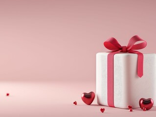 valentine business marketing luxury concept, A beautifully wrapped gift box with a red ribbon and heart decorations, set against a soft pink background.