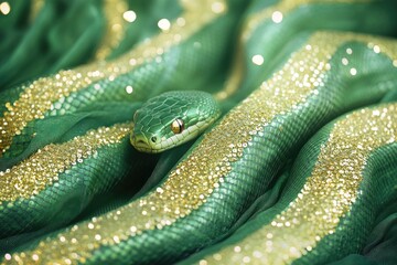 Fototapeta premium Emerald serpent blends seamlessly with shimmering fabric, exudin