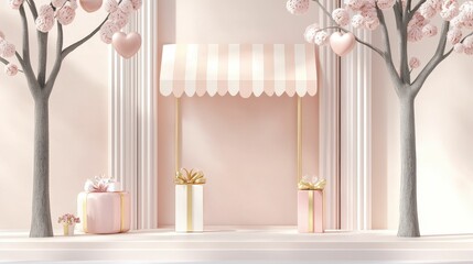 valentine business marketing luxury concept, A charming pastel scene featuring a striped awning, decorative trees, and elegant floral arrangements, perfect for a whimsical display or celebration.