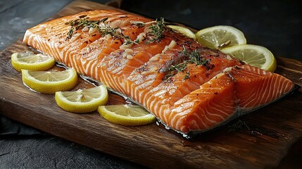 A large slice of salmon on the wooden board, fresh and delicious. 
