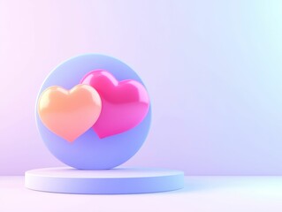 valentine business marketing luxury concept, A serene display of two stylized hearts on a circular pedestal, set against a soft gradient background, evoking feelings of love and affection.