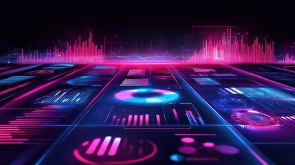 Futuristic digital interface with glowing graphs and data visualizations on a dark background.