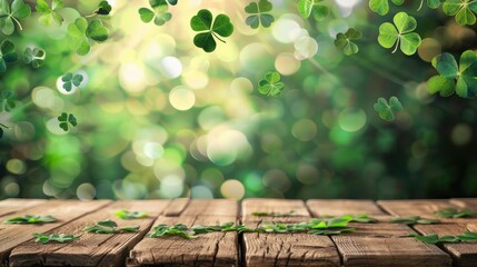 Empty Wooden Table St. Patrick's Day Background - Clover Theme, Irish Holiday Photography, Green Tabletop Scene. MZ