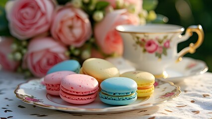 Fototapeta premium Delicate Pastel Macarons on Vintage Plate with Tea Set and Flowers, Whimsical Afternoon Tea Scene