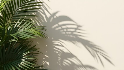 Dramatic Shadows of Lush Tropical Palm Leaves on Beige Wall - High Angle View