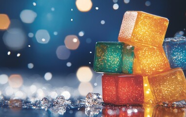Sparkling Colorful Cubes in Water with Bokeh Lights Abstract Background