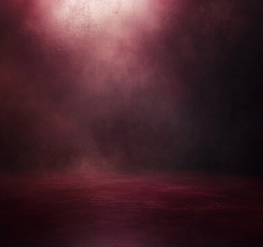 A dark background sets the stage for an atmospheric stock photo, featuring an empty floor bathed in deep crimson and burgundy mist, creating a dramatic and romantic atmosphere