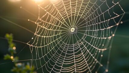 Obraz premium Close-Up of a Dew-Covered Spiderweb at Sunrise, Intricate Nature Photography