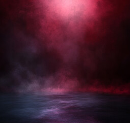 A dark background sets the stage for an atmospheric stock photo, featuring an empty floor bathed in deep crimson and burgundy mist, creating a dramatic and romantic atmosphere
