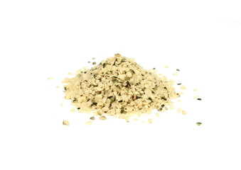 Shelled Hemp Seed isolated on white. Hemp hearts isolated - Healthy Nutrition