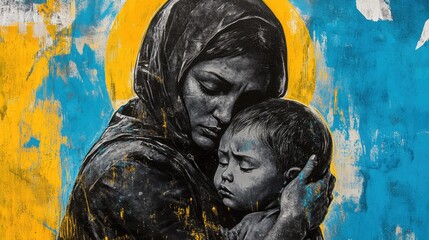 A Glowing Halo Around a Mother as a Symbol of Protection and Love During War (Grunge, Street Art Style)