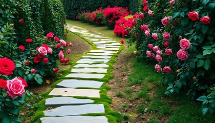 Obraz premium Stone Path Winding Through Vibrant Rose Garden: A Romantic Spring Scene