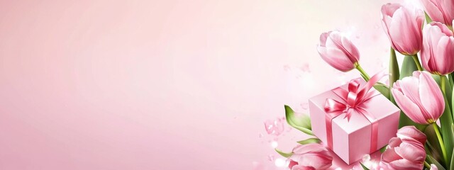 Naklejka premium Celebrate Women's Day with vibrant tulips and a gift box in a soft pink setting, perfect for personal messages and acknowledgments