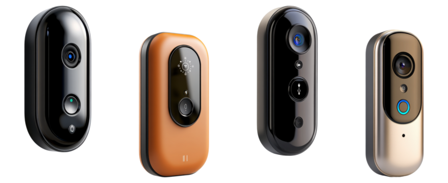 Set of smart home cameras with sleek designs, isolated on transparent background