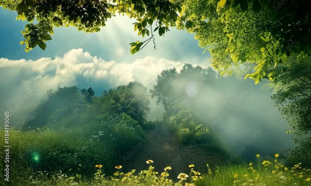 Poster sunlight filters through trees onto serene forest path