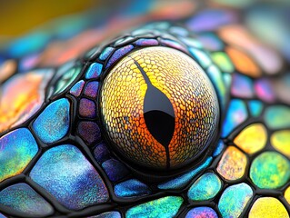 A vibrant and colorful background inspired by the skin of a chameleon, with intricate, iridescent patterns blending seamlessly in hues of vivid greens, purples, blues, and oranges