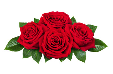 Beautiful red rose flower with green leaves isolated on a white background, close up.
