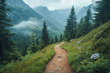 Obraz premium Misty Mountain Hiking Trail Scenic Path Nature Walk Adventure Green Forest