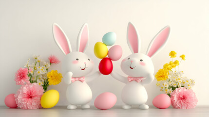 Obraz premium Two Easter bunnies holding colorful eggs, surrounded by spring flowers, against a white background; perfect for Easter greeting cards or spring promotions