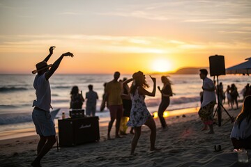 Blurred Sunset Beach  Party with Joyful Friends Dancing