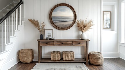 Home entryway poster mockup with white walls, a wooden console, and round mirror accent
