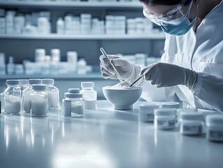 focuses on a pharmacist at a workbench, compounding a custom prescription. The pharmacist wears gloves and safety glasses, measuring powdered ingredients into a small mortar and pestle