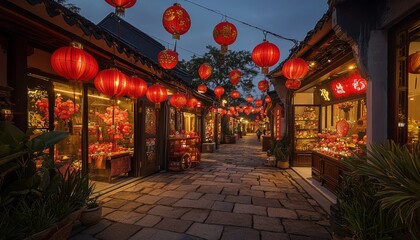 Fototapeta premium Ancient street alive with the glow of red lanterns, celebrating Chinese New Year with a warm and inviting atmosphere, surrounded by historic buildings and vibrant festive decor