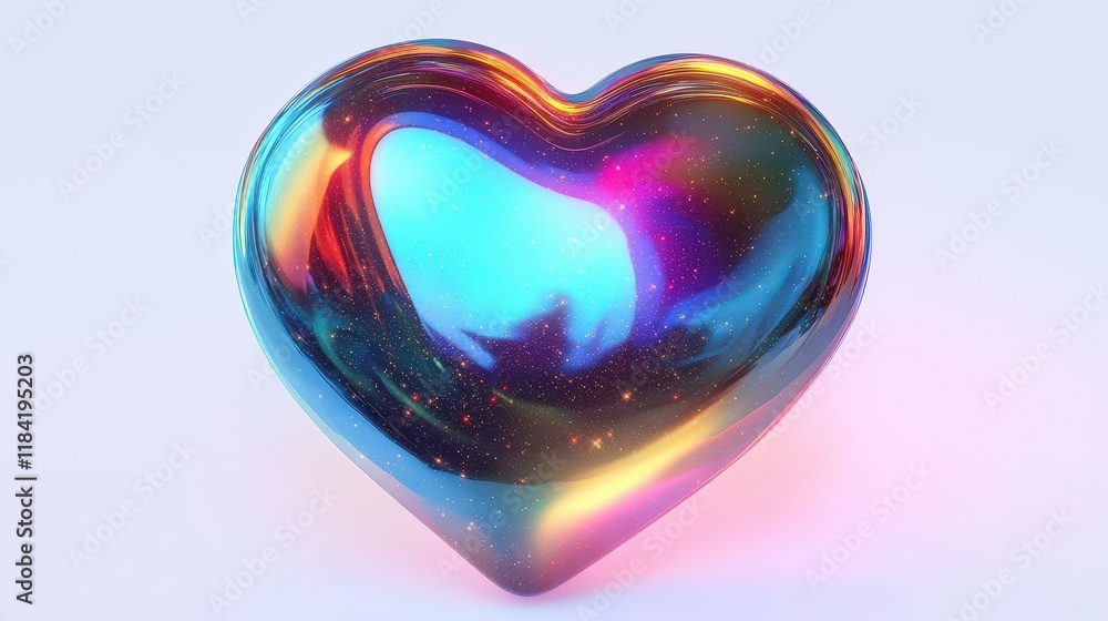 Poster iridescent chrome heart design in 3d render with colorful highlights and shimmering effects on a lig