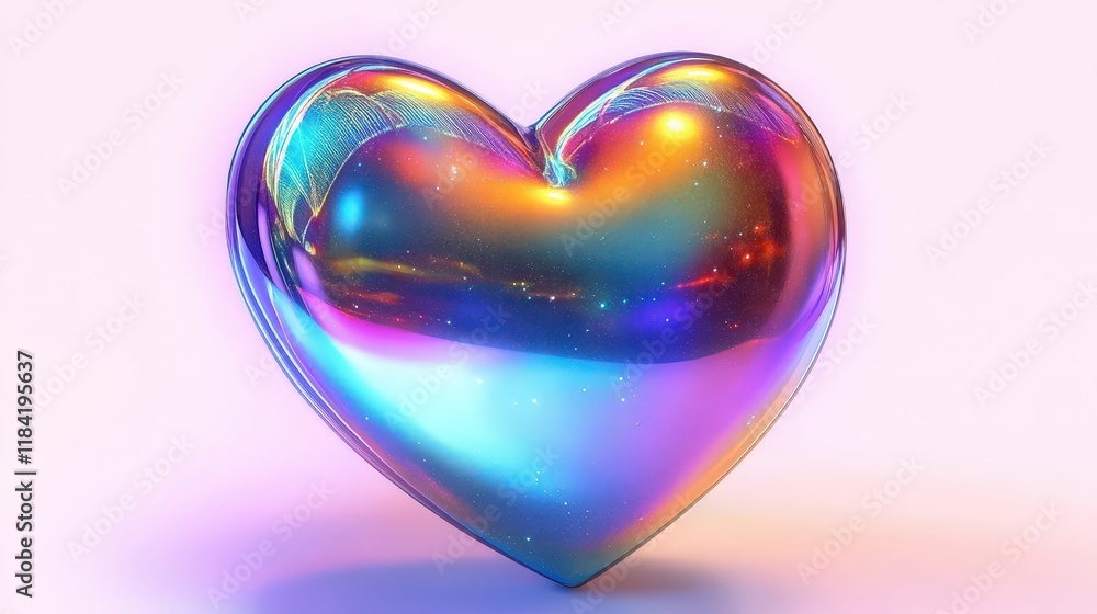 Poster iridescent chrome heart with colorful reflections and 3d effect on soft pastel background