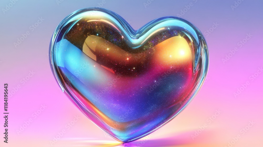 Aufkleber iridescent chrome heart with colorful reflections against a harmonious gradient background for moder