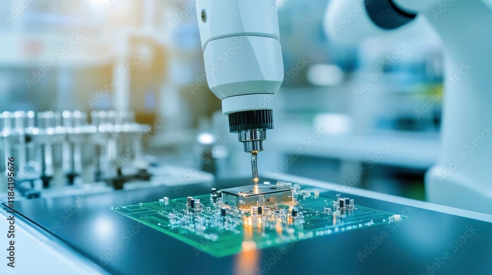 Poster robotic arm assembling circuit board in factory. (1)