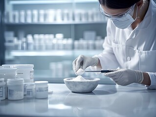 focuses on a pharmacist at a workbench, compounding a custom prescription. The pharmacist wears gloves and safety glasses, measuring powdered ingredients into a small mortar and pestle