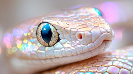 Fototapeta premium bright glossy texture of snakeskin, small snake head in the lower left corner, micro photography