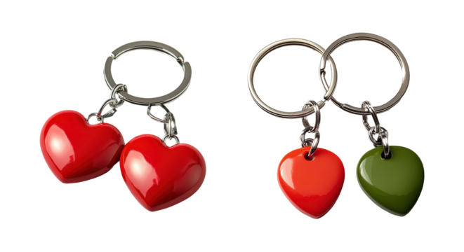 Set of heart shaped keychains, isolated on transparent background