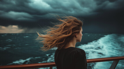 Fototapeta premium A young woman travels on a cruise ship.