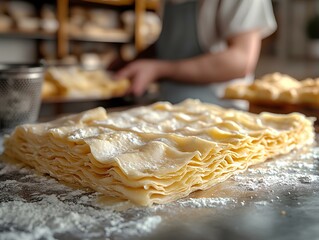 This photorealistic image shows a baker folding croissant dough on a stainless steel countertop. The layers of dough and butter are visible, thin and evenly rolled, ready for their next turn