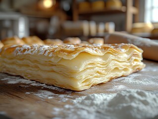 This photorealistic image shows a baker folding croissant dough on a stainless steel countertop. The layers of dough and butter are visible, thin and evenly rolled, ready for their next turn
