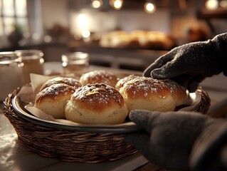 This photorealistic scene captures the moment a baker removes a tray of hot, golden rolls from the oven. The rolls glisten slightly from a fresh butter glaze, their textured crusts inviting and perfec