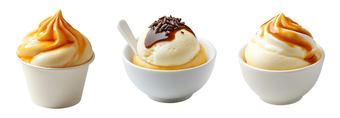 Set of ice cream servings with caramel and chocolate toppings, isolated on transparent background