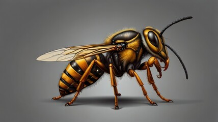 Detailed illustration of a wasp, showcasing its hairy body, wings, and mandibles against a grey background.