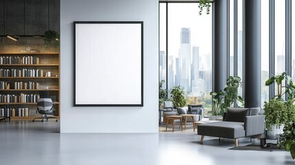 Modern Interior Design with Empty Frame in Contemporary Space Surrounded by Greenery and City Skyline